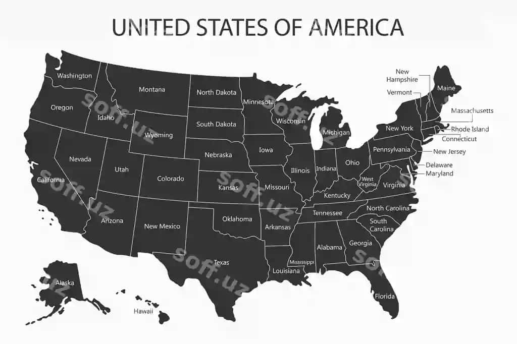 AQSH xaritasi viloyatlar nomlari bilan Amerika Qo'shma Shtatlari kartografiya vektori | Usa map with states names united states america cartography vector