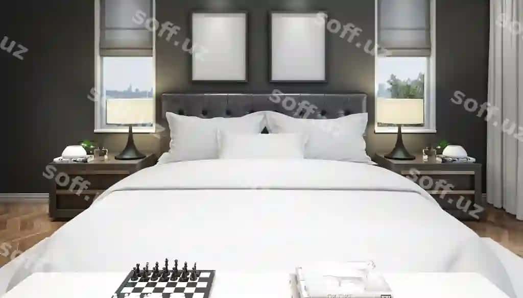 Realistik zamonaviy ikkalik yotoqxona mebla ramkasi bilan | Realistic modern double bedroom with furniture frame