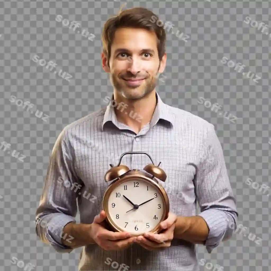 Erkak eski soatni tutgan shaffof fonda | Man holding vintage clock transparent background