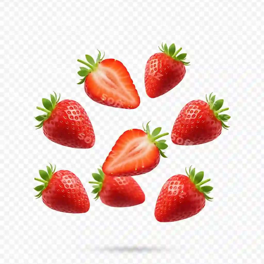 Yangi qovoq atirgʻillari olinma fonida suzib beradi | Fresh strawberries floating transparent background