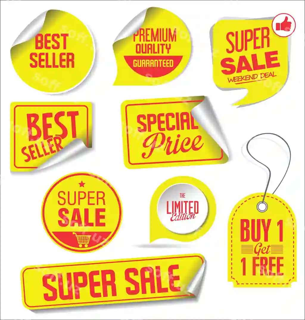 Chegirma stikerlar teglari sariq dizayn illustratsiyasi | Sale stickers tags yellow design illustration
