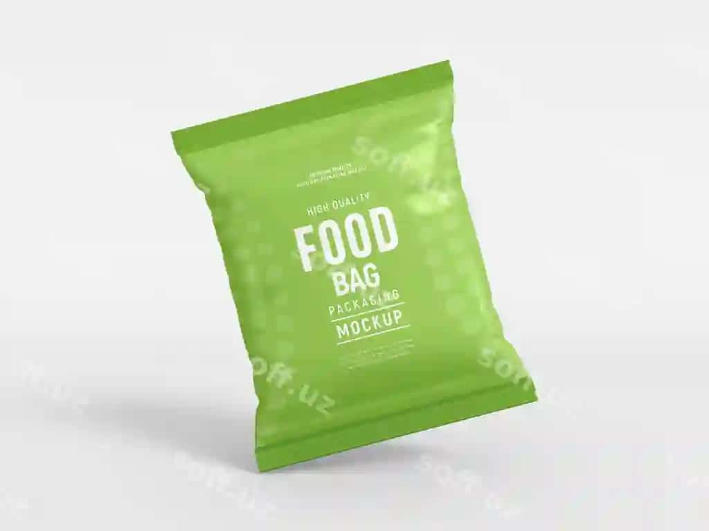Shinovar foliya ovqat qo'pi qadoqlash namunasi | Glossy foil food bag packaging mockup