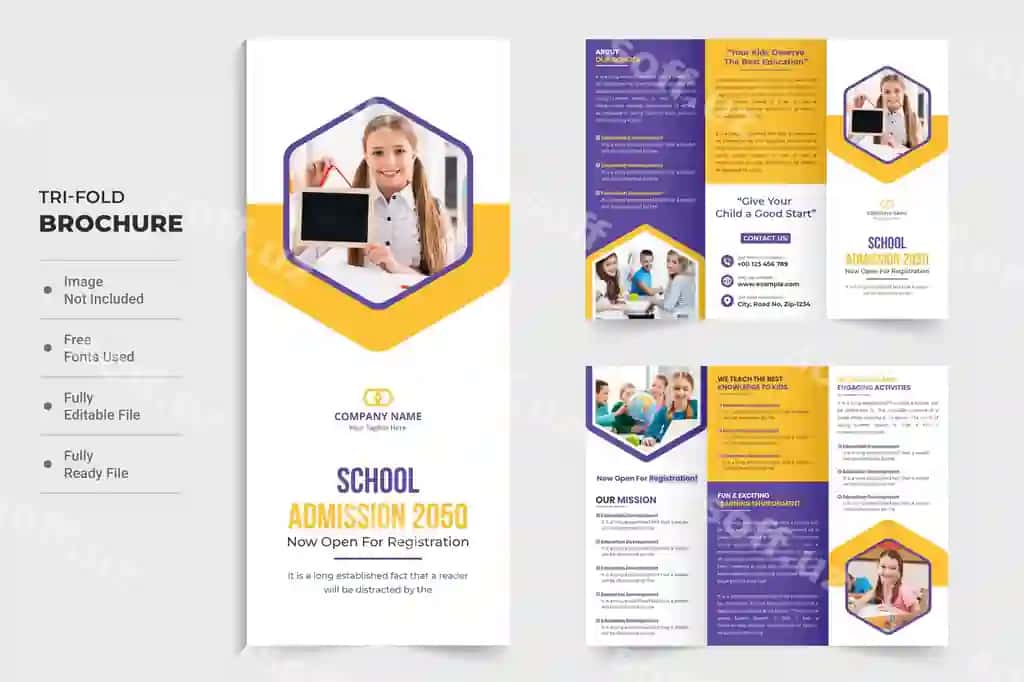 Maktab qabul trifold broshyura shablon dizayni (sariq, binafsha) | School admission trifold brochure template design with yellow purple