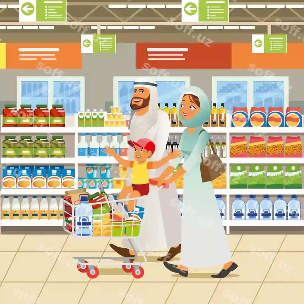 Musulmon oilasi xarid qilish karyakatur vektor kontseptsiyasi | Muslim family shopping cartoon vector concept
