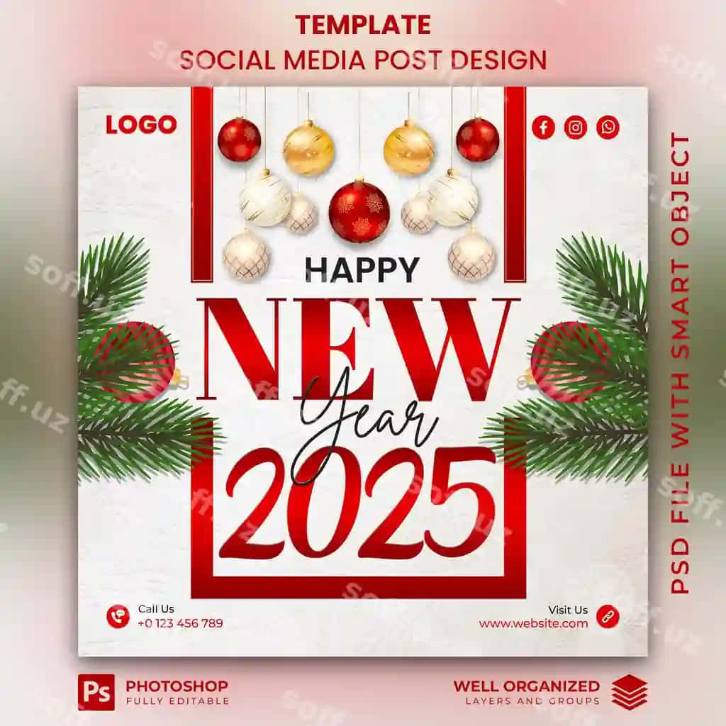 Zamonaviy 2025-yil Yangi yil tabriki shabloni minimalizm elementlari bilan | Modern happy new year 2025 template with minimalist elements
