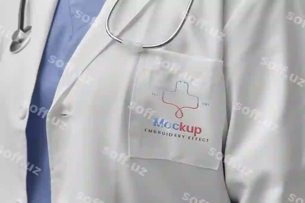 Shaxs laborator kostumi kiyib turgan namuna dizayni | Person wearing lab coat mock up design