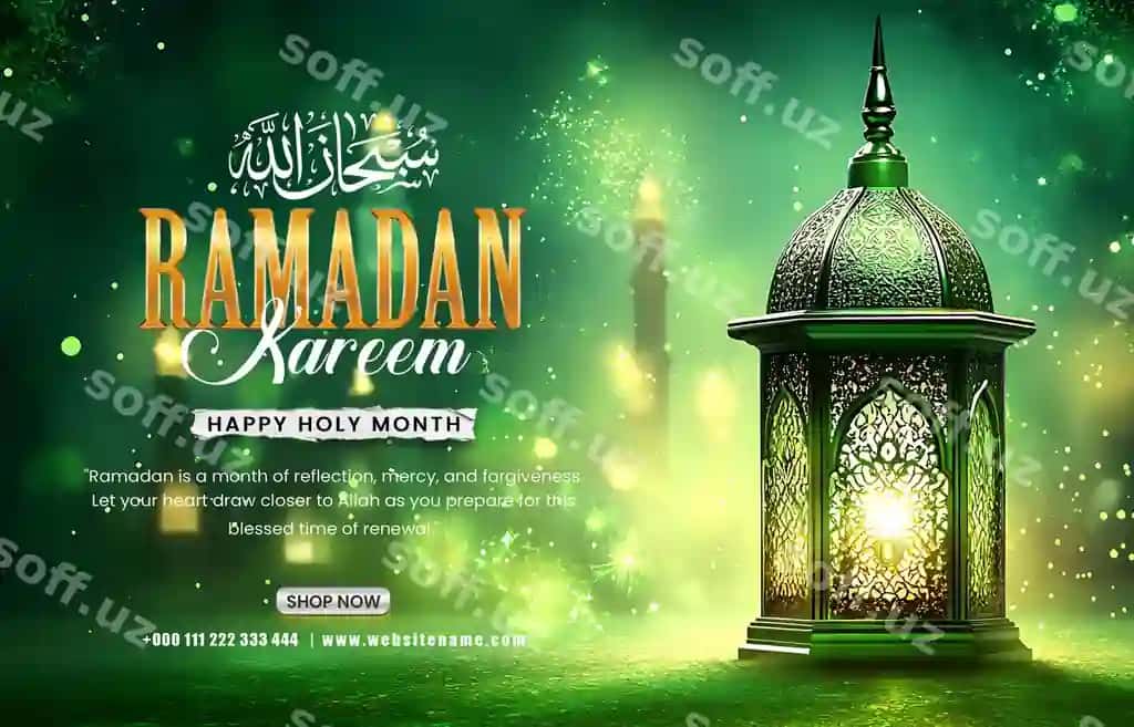 Ramazon kamil salomi bilan islomiy fanusli masjid me'morchiligi | Ramadan kareem greeting with islamic lantern mosque architecture