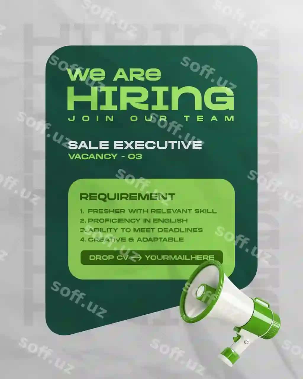 Biz ijtimoiy tarmoqlar post dizaynini 3D megafon e'loni bilan ishga olaimiz. | We are hiring social media post design with 3d megaphone announcement