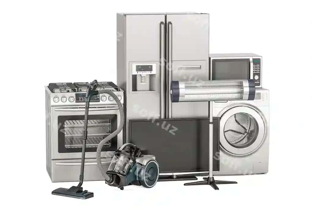 Uy jihozlari to'plami: kir yuvish mashinasi, sovuq saqlash qutisi, gazli pech, mikroto'lqiq pechi, televizor, vakuum tozalagich, 3D render | Set household appliances washing machine fridge gas stove microwave oven tv set vacuum cleaner 3d rendering
