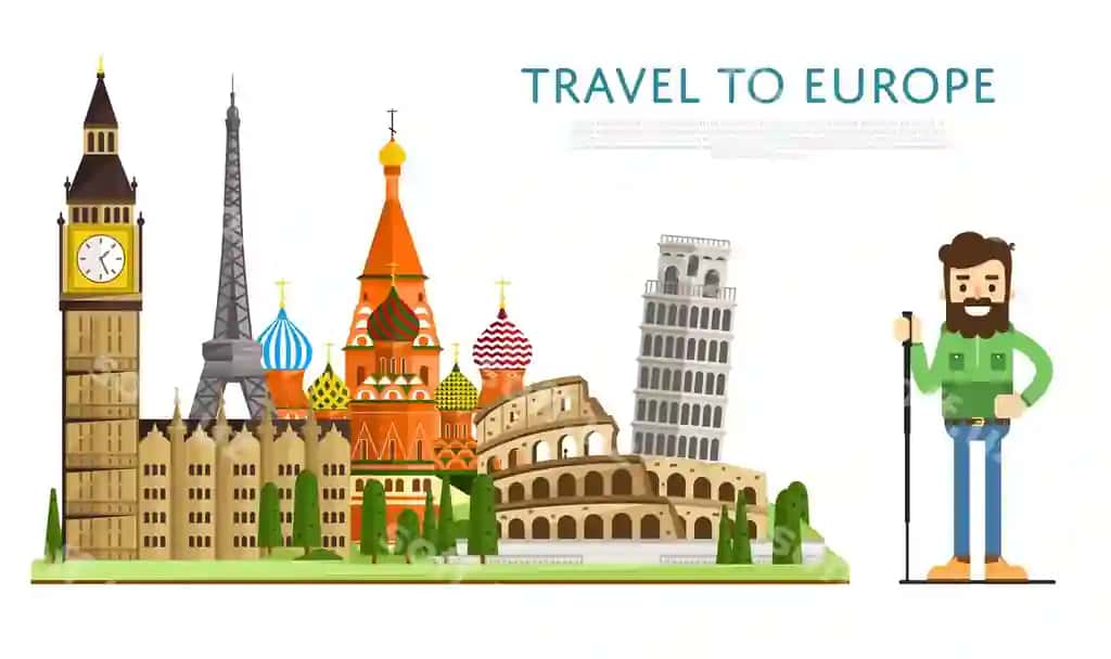 Yevropa sayohat banneri mashhur joylar bilan | Travel europ banner with famous attractions
