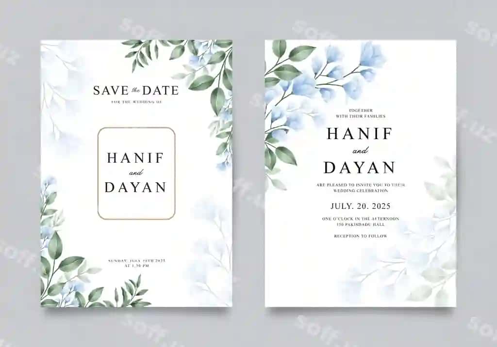 Chiroyli ikki tomonlama turmar taklifnomasi ko'k akvaramel gul ekasi bilan | Elegant double sided wedding invitation with blue watercolor floral