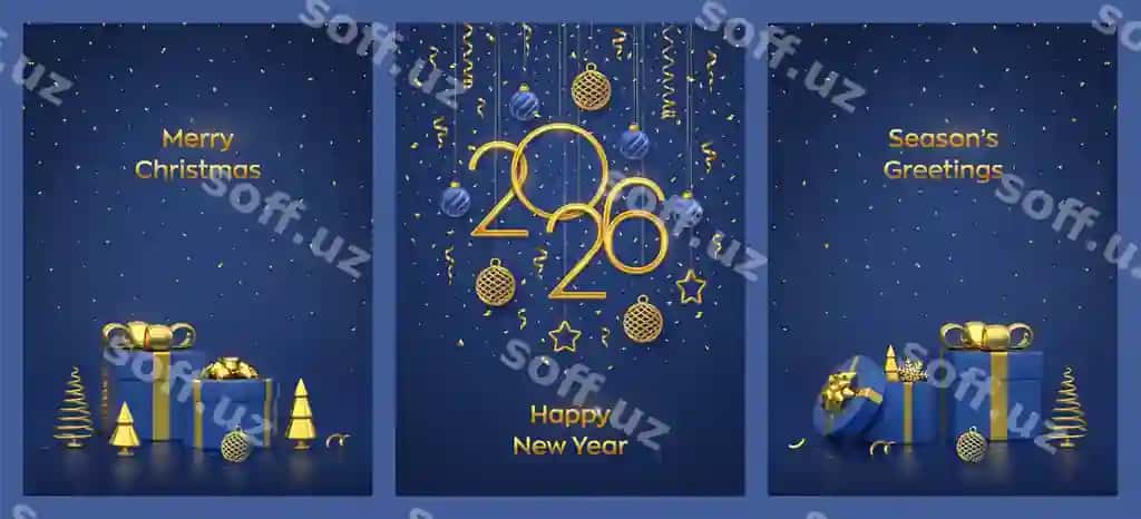 Rojdestvo kartochkalar komplekti 2026-yil Yangi yili asib o'tgan oltin metallic sonlar | Christmas card set happy new year 2026 hanging golden metallic numbers