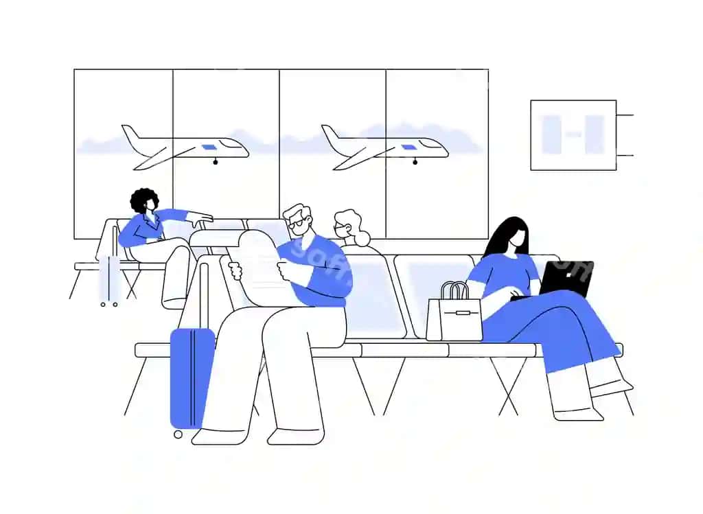 Aeroport kutish hosilasi abstrakt tushuncha vektor illustratsiyasi | Airport waiting area abstract concept vector illustration
