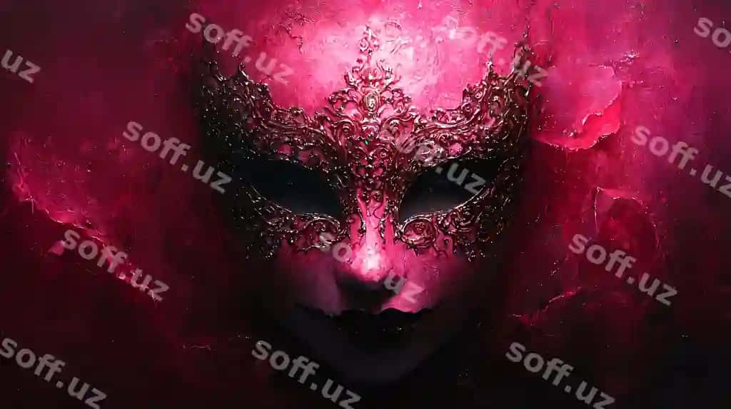 Yaqin suratdagi qora, bezatilgan Venetsiya maskasi pushti teksturli fon bilan | Closeup dark ornate venetian masquerade mask with pink textured background