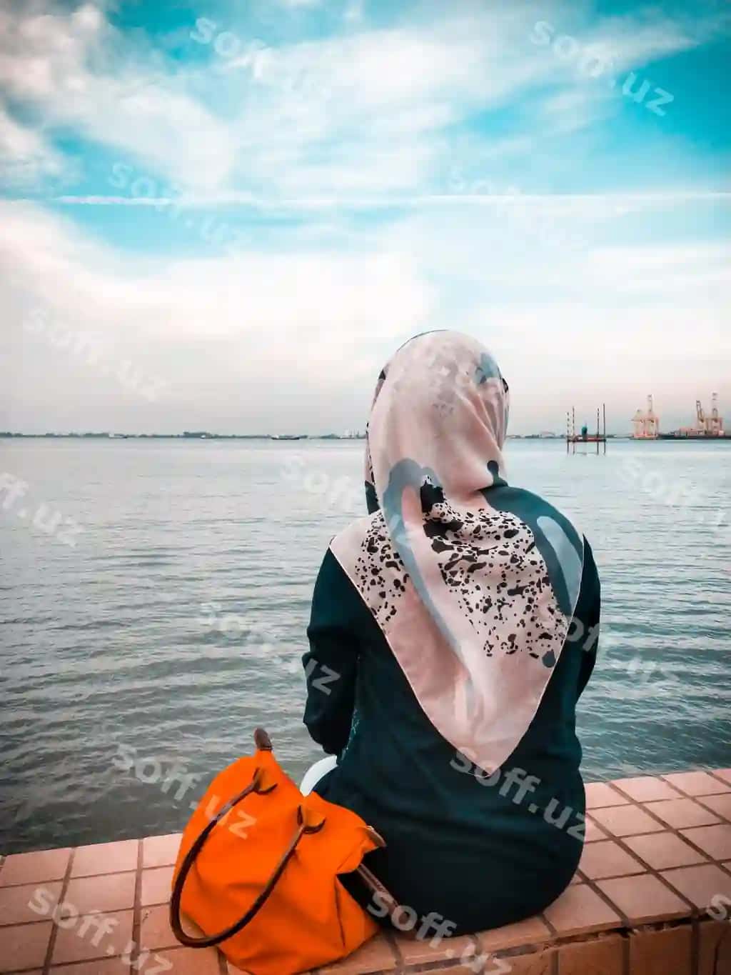 Orqa ko'rinishda dengi yonida joylashgan tutqich devorda o'tirgan ayol osmon qarshi | Rear view woman sitting retaining wall by sea against sky