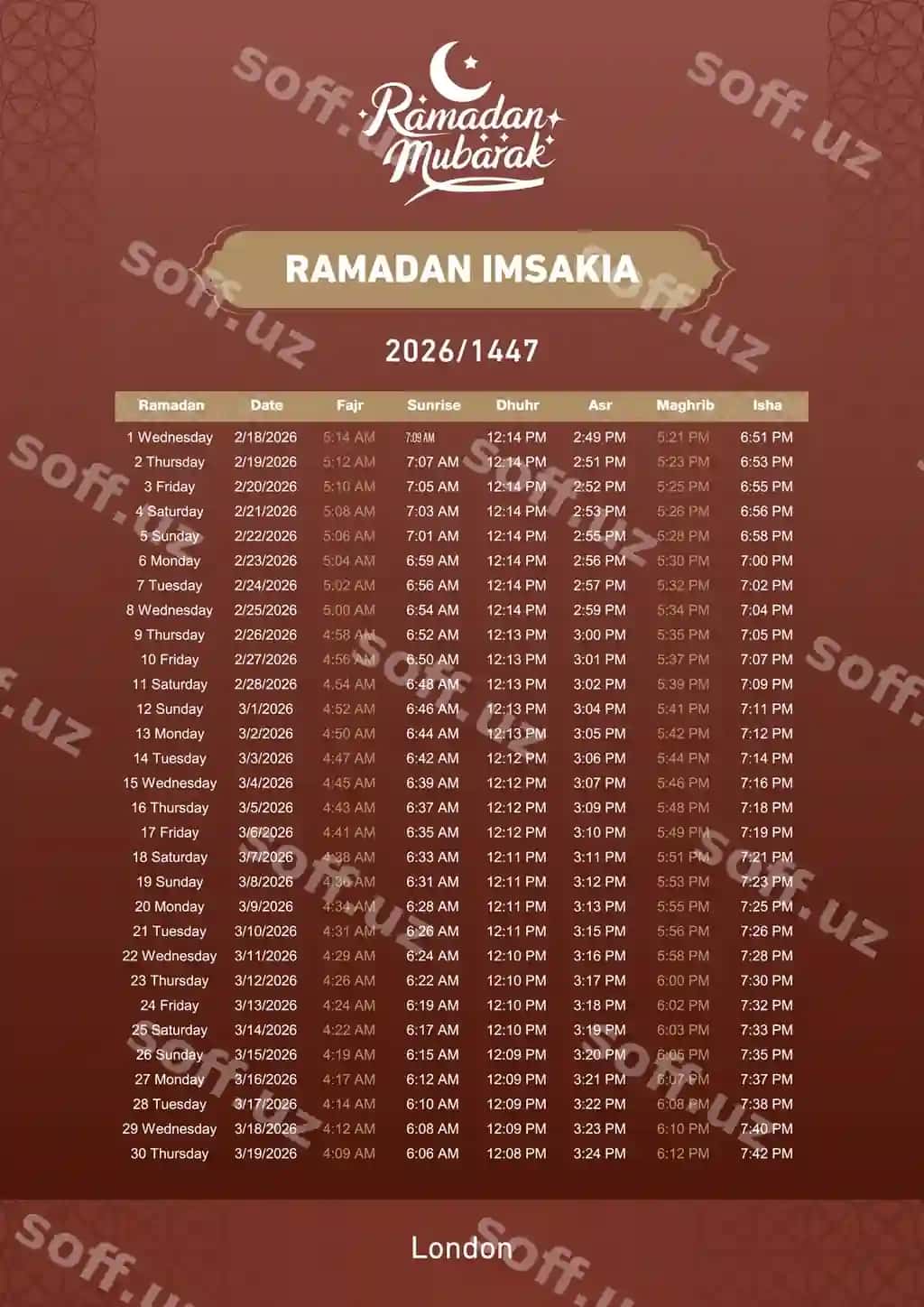 Ramadan imsak vaqtlari 20261447 London namoz vaqtlari jadvali | Ramadan imsakia 20261447 london prayer times schedule