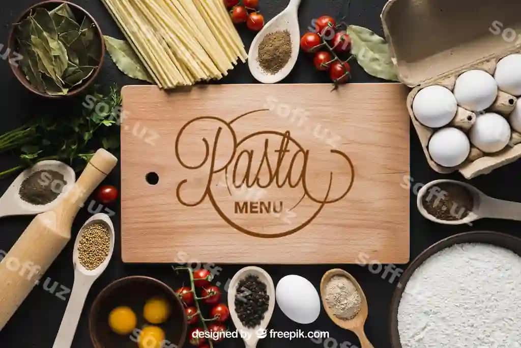 Makaron namunasi yog'och taxtasi bilan | Pasta mockup with wooden board