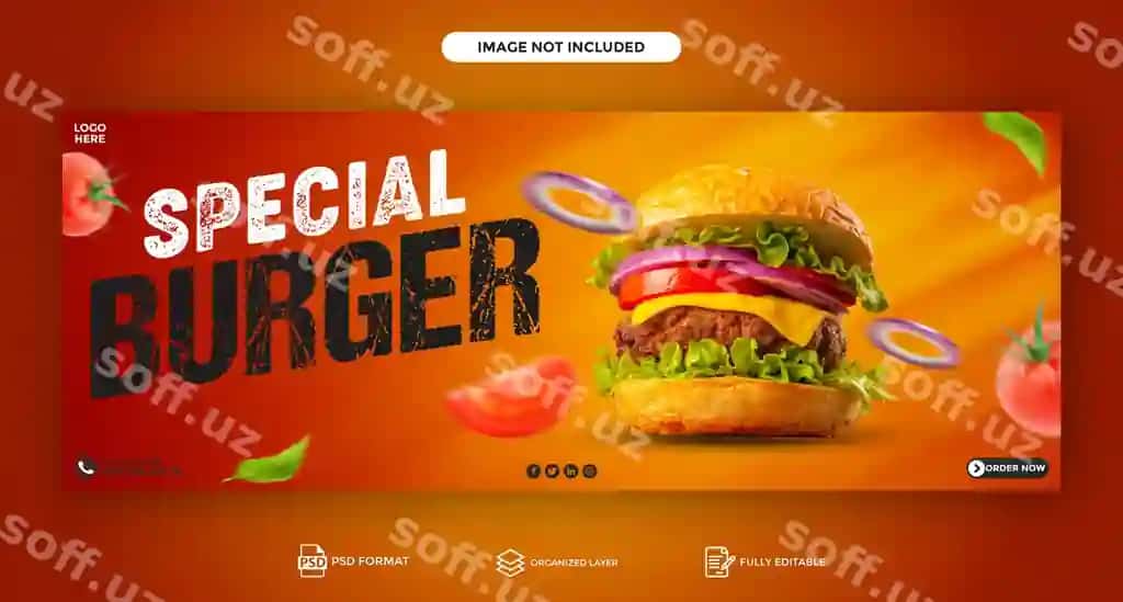 Psd mishar burger ovqat reklamasi baner Facebook varaq shabloni | Psd delicious burger food promotion banner facebook cover template