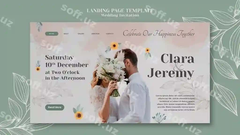 Turmam taklifi landing sahifa shabloni juftlik gullari bilan | Wedding invitation landing page template with couple flowers