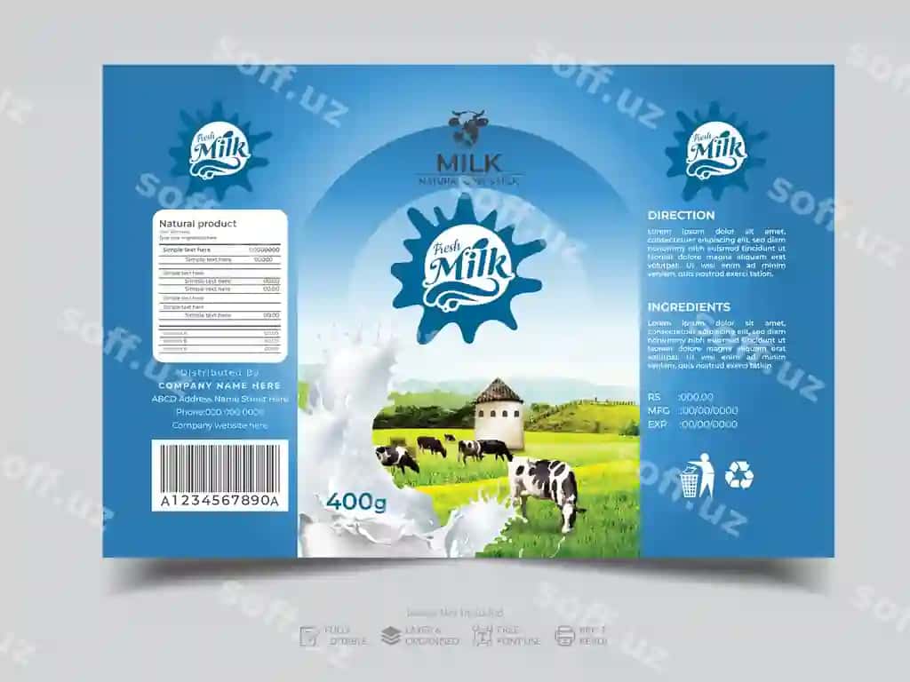 Yangi sut mahsulotining etiketta dizayni — qoralar va tabiiy manzarasi bilan | Fresh milk product label design with cows natural landscape