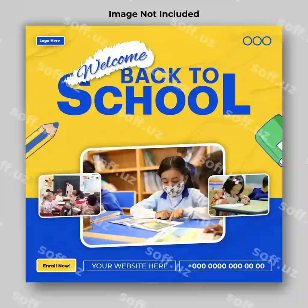 Maktabga qaytish reklamlari uchun ijtimoiy tarmoqlar post shabloni dizayni | Back school ads social media post template design