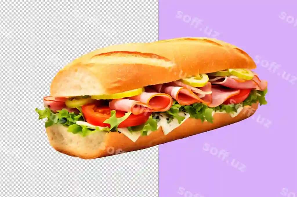 Psd sandvich gamburger pomidorlar salat barglari bilan shaffof orqa fonda | Psd sandwich with ham tomatoes salad leaves transparent background