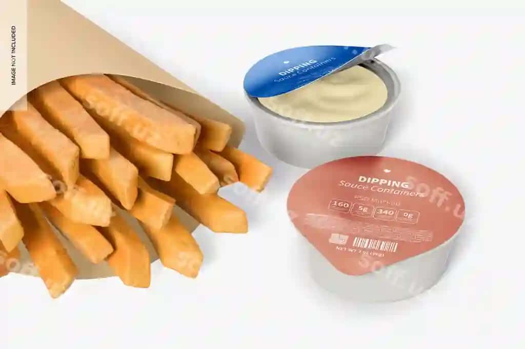Tortish sous konteynerlari fri bilan namuna | Dipping sauce containers with fries mockup