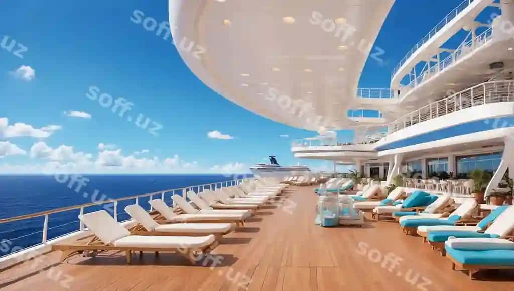 Orqa deck kruiz gemisi ko'plab lounge kreslolari bilan | Aft deck cruise ship with many lounge chairs