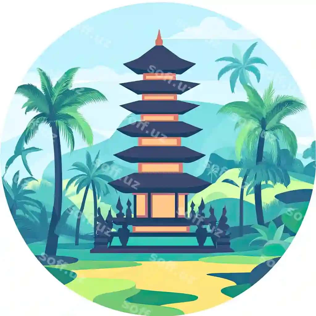 Tropiklavoz illustratsiyasi, pagoda, zengin yashil o'simliklar, palmachalar, to'rlar foni | Tropical temple illustration pagoda lush greenery palm trees mountains background