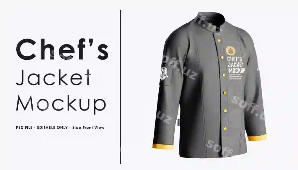 Oshpaz jaketi namuna tomon old ko'rinish burchagi | Chefs jacket mockup side front view angle