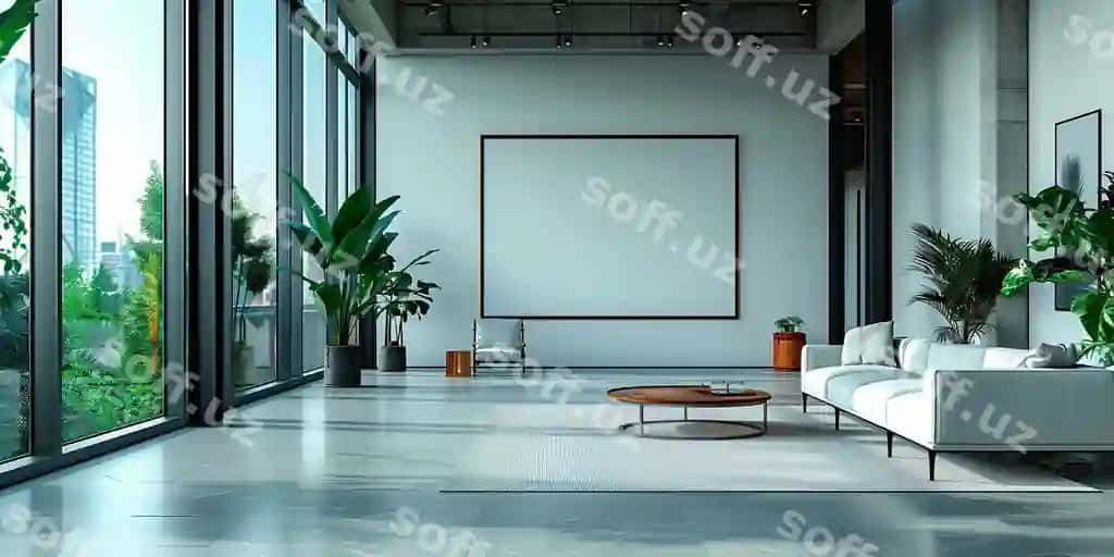 Zamonaviy mehmonxona katta oynalar, oq divan, generativ sun'iy intellekt | Modern living room with large windows white couch generative ai