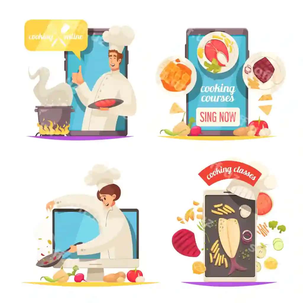 Oshxona o'quv markazi komplekti kurslar belilari tekkan va ajralangan | Cooking school set with courses symbols flat isolated