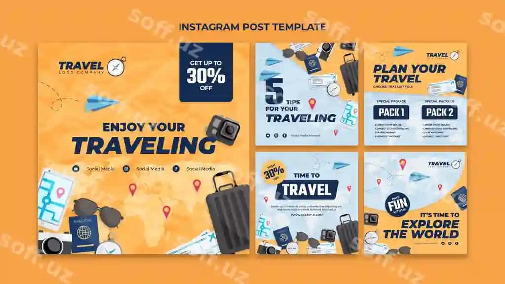 Tekis dizayn sayohat agentligi Instagram post to'plami | Flat design travel agency instagram post set