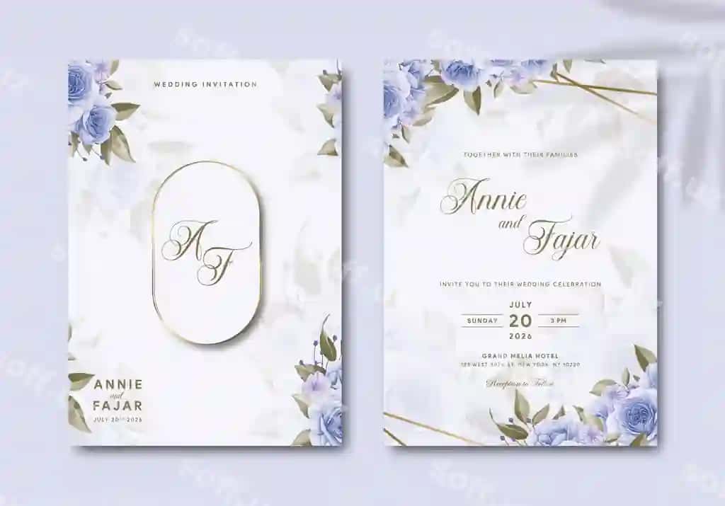 Geometrik o'ttiz chiziqli tur taklifi ko'k buket gullar bilan | Geometric gold line wedding invitation with blue bouquet flowers