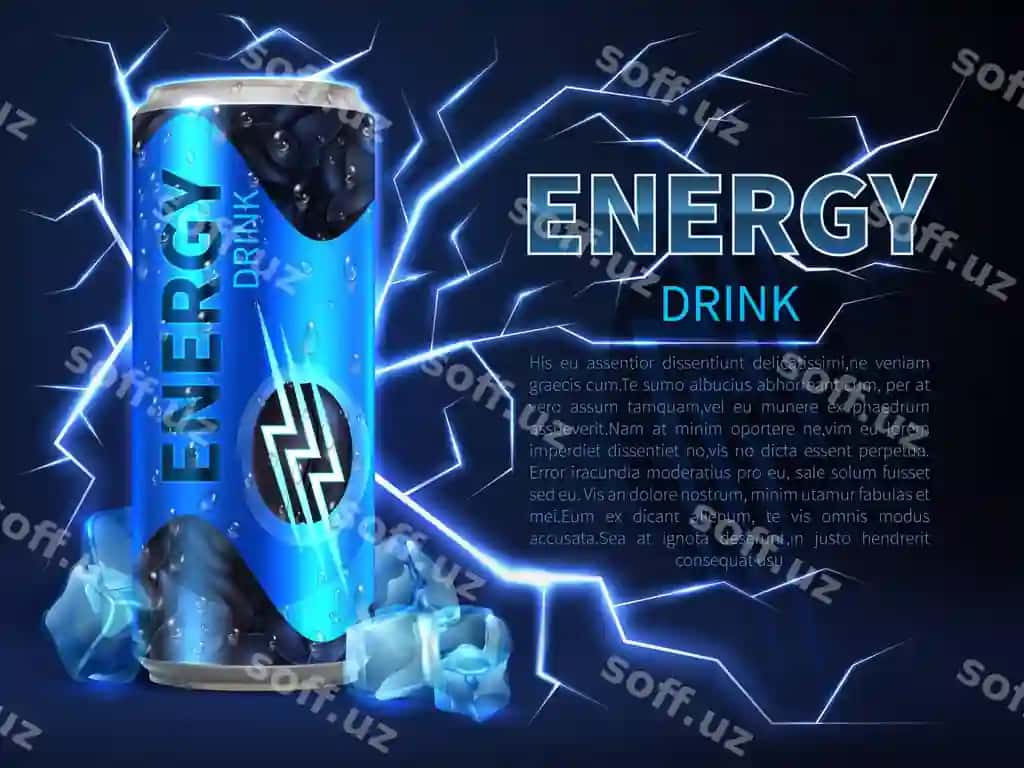Energiya ichimligi bankasi elektr zaryadlari bilan chegaradosh, qora ko'k iskralar. | Energy drink can surrounded electrical discharges sparks dark blue