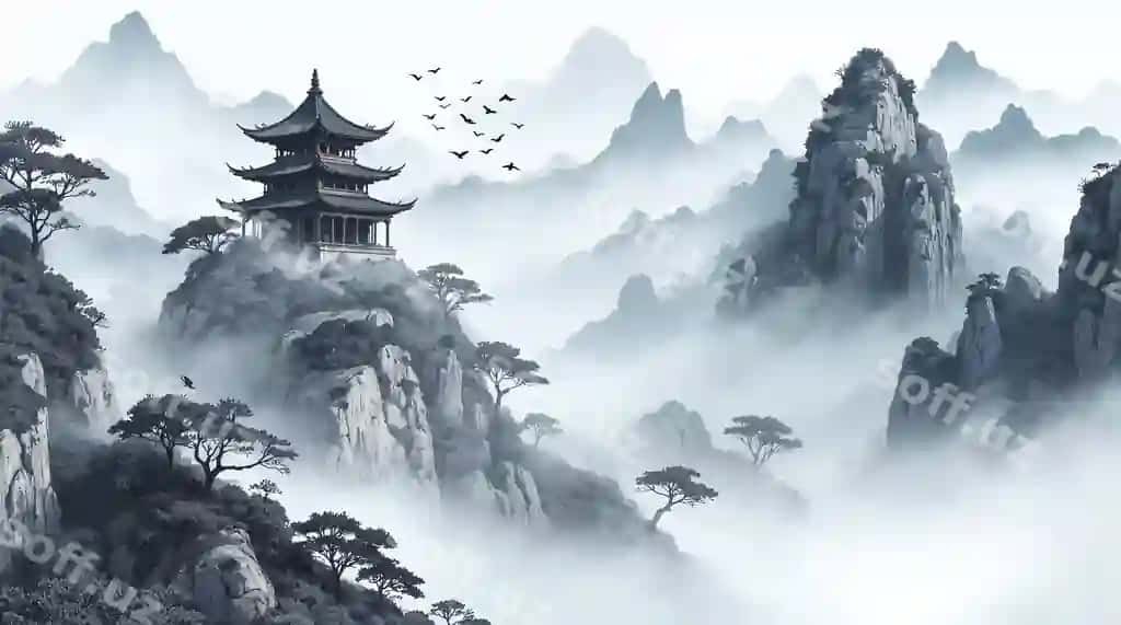 Oroliy manzaray chizmasi pagoda cho'lonlari bilan | Asian landscape painting with pagoda mountains