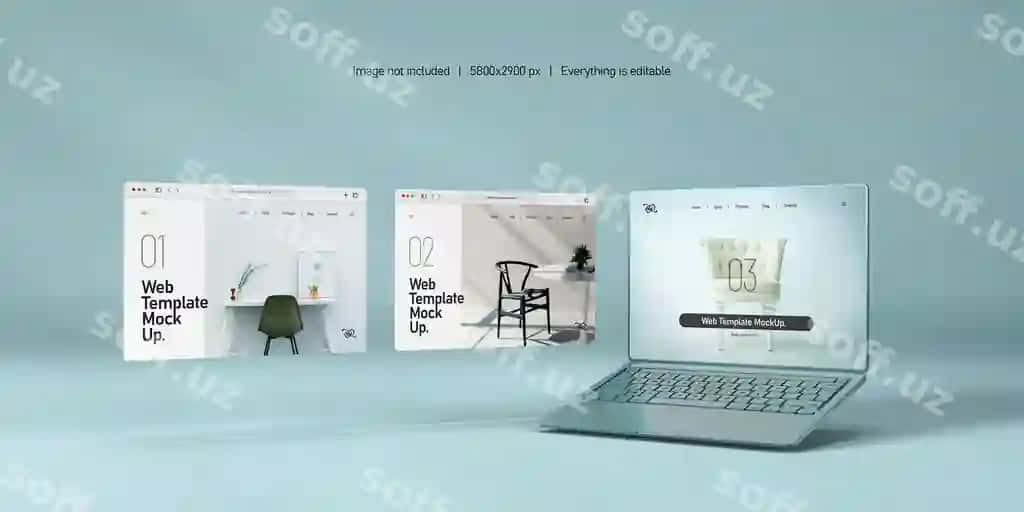 Noutbuk ekrani veb-sayt prezentatsiyasi namunasi ajratilgan fonda | Laptop screen with website presentation mockup isolated