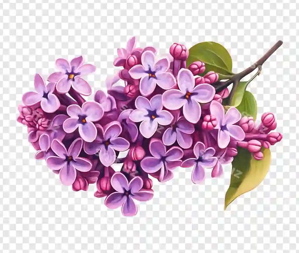 Suvmalak uslubi lilak gullari yashil varoqlar bilan shaffof fonda ajraltirilgan | Watercolor style lilac flowers with green leaves isolated transparent