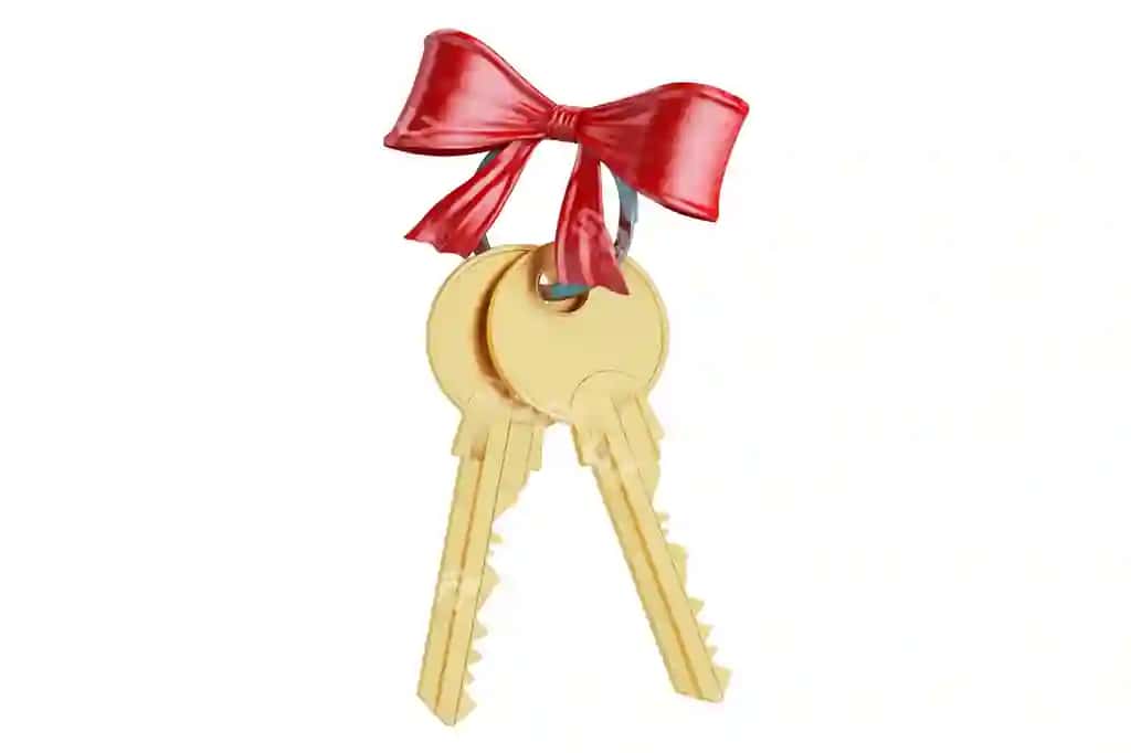 Oltin kalitlar qizil rim bilan 3D rendering | Golden keys with red bow 3d rendering