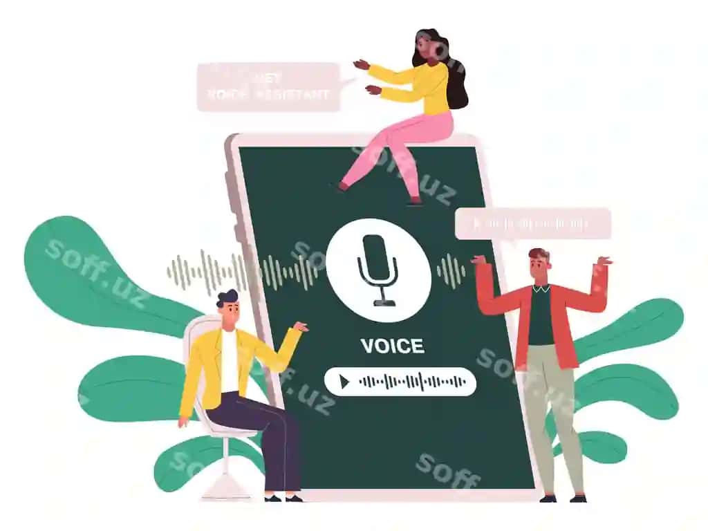 Ovoz yordamchisi texnologiyasi raqamli akilli kolonka konseptsiyasi karikatura | Voice assistant technology digital smart speaker concept cartoon