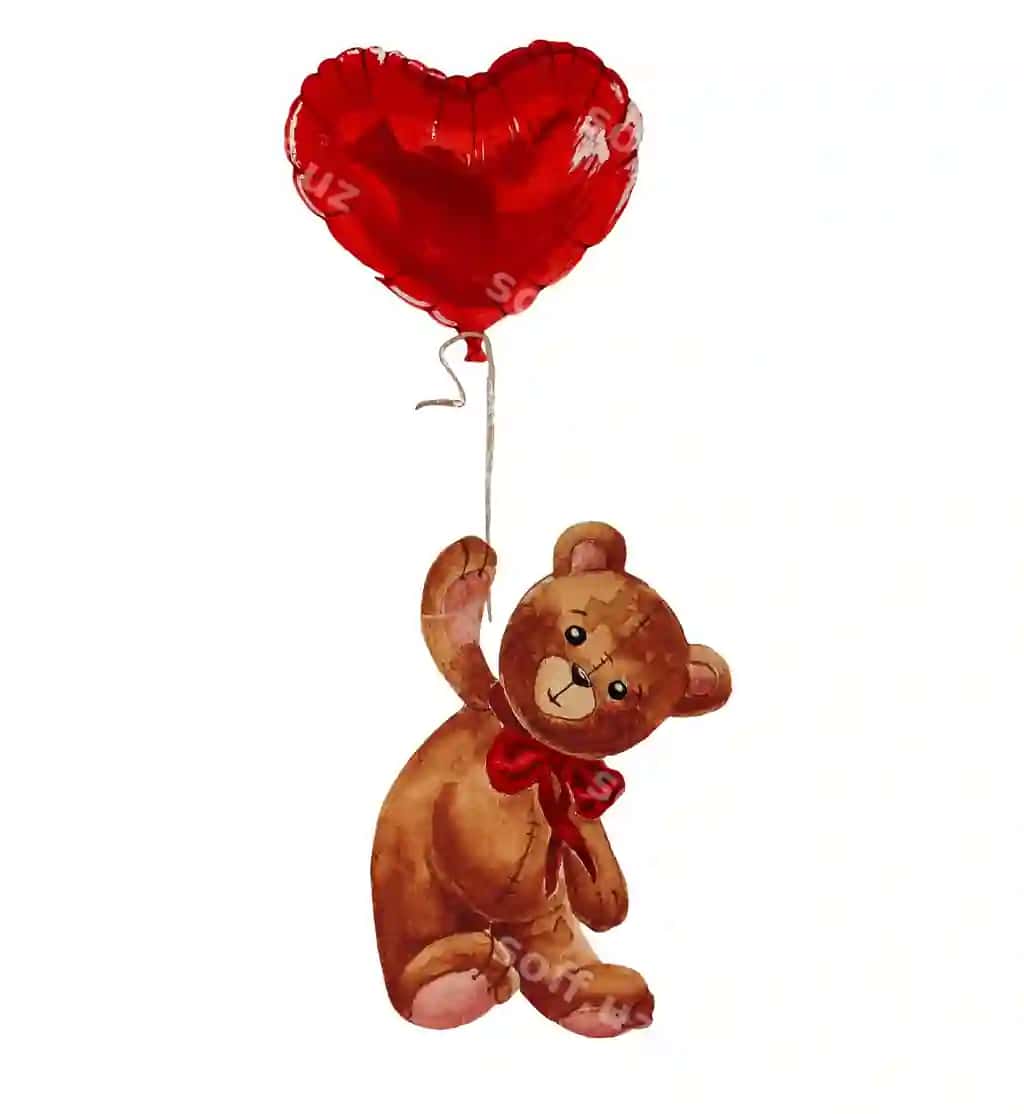 Akvaramel chiroyli puxata qizil yurakli foliya havo balonasi | Watercolor cute teddy bear with red heart foil air balloon