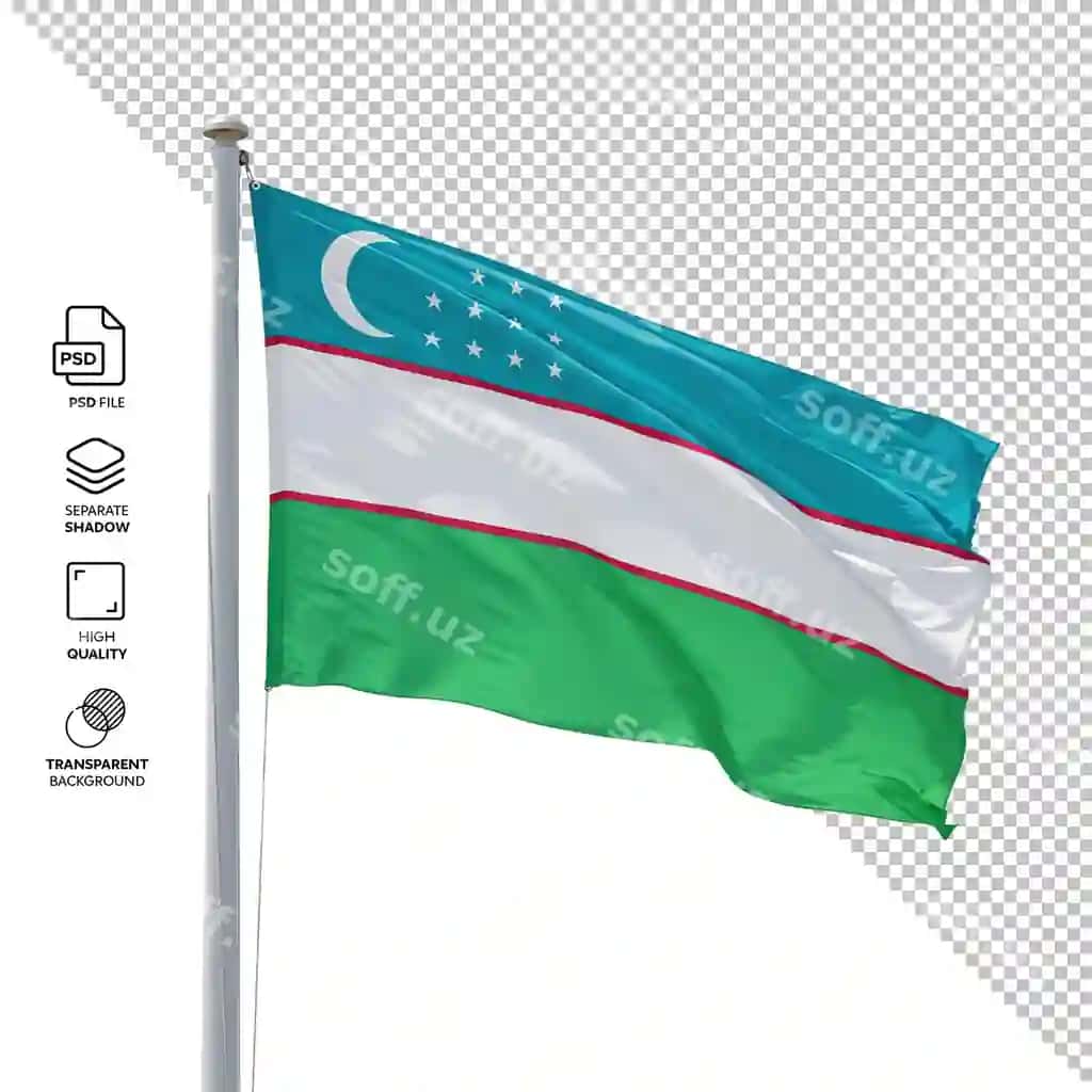 O'zbekiston milliy bayroqi qozilayotgan mastda, ajraltirilgan oq orqa fonda | Uzbekistan national flag waving mast isolated white background