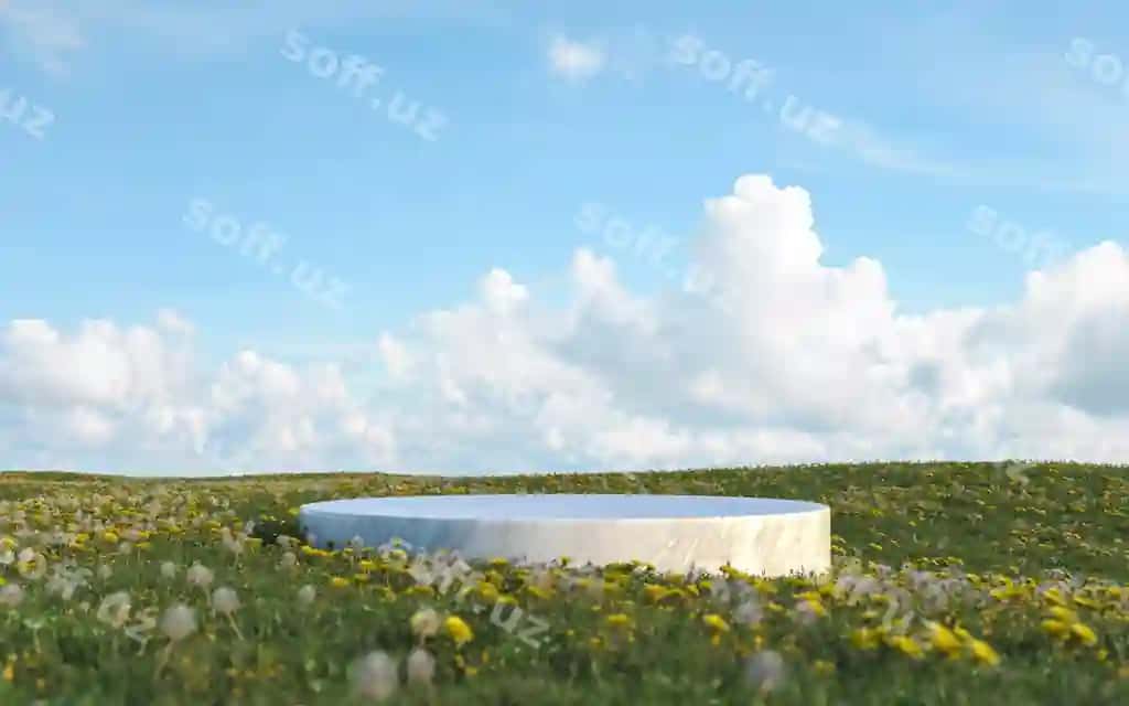 3D render marmur podium orqa foni chaman maydoni va osmon fon bilan | 3d rendering marble podium backdrop with grass field sky background