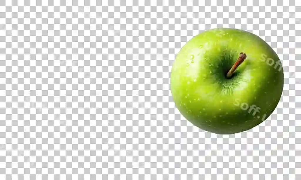 Yangi yashil olma yumshoq yorqinlik ostida chochqim suv bilan parlaydi. | Fresh green apple glistens with droplets water soft light against