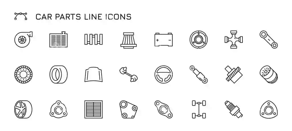 Avtomobil qismlari chiziq ikonkalar qora kontur avtomobil dvigatel qismlari avtomobil | Car parts line icons black outline automobile engine parts automobile