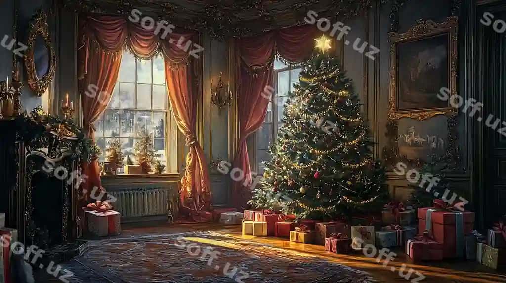Sovg'alar bilan chiroylangan xonadagi yelka | Christmas tree with gifts cozy room