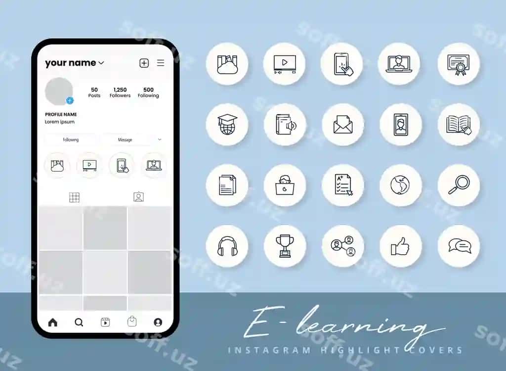 Onlayn ta'lim ikonkalari Instagram hikoya aktsent qoplamalari komplekti | Set elearning icons instagram story highlight covers