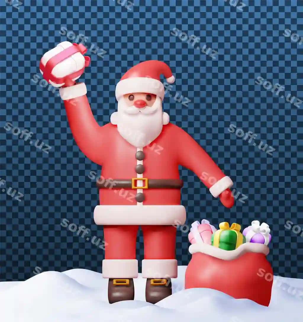 3d Santa Claus shaxs sovg'a sumkasi bilan qor atrofida | 3d santa claus character with gift bag snow