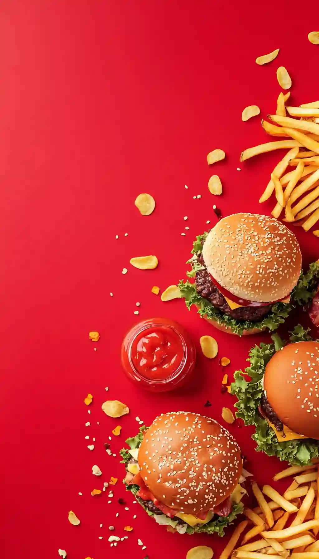 Qizil fonda chipsli gamburger qovurilgan tez ovqat | Fast food with chips burgers fries red background