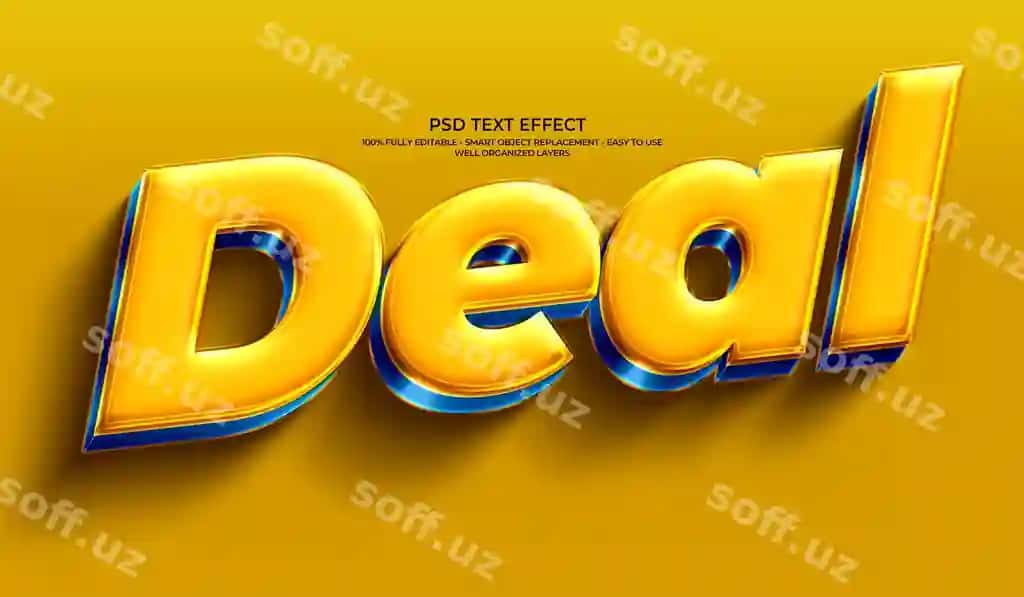 Gʻalabalı 3d aksion matn effekti psd | Glossy 3d deal text effect psd